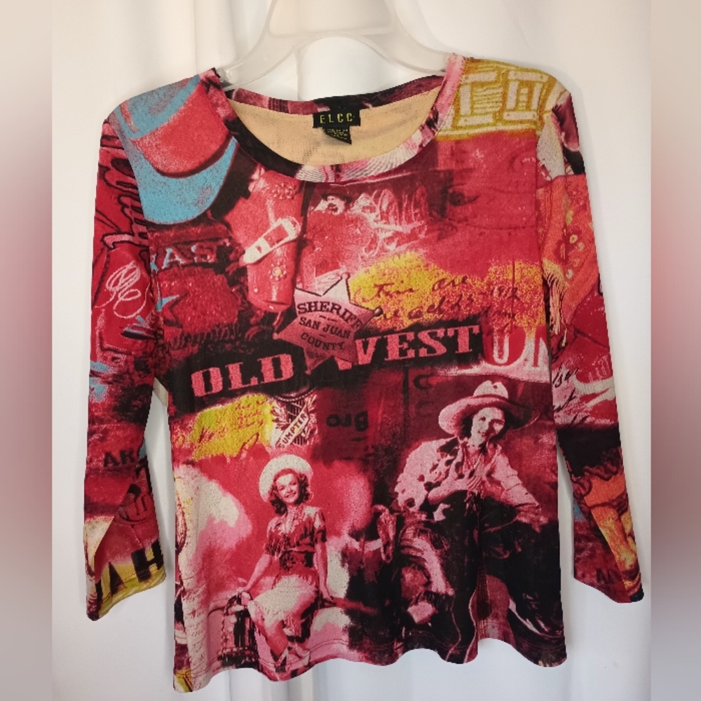 ELCC Y2K Western Graphic Mesh Top Womens Medium Red Fitted Edgy Retro
